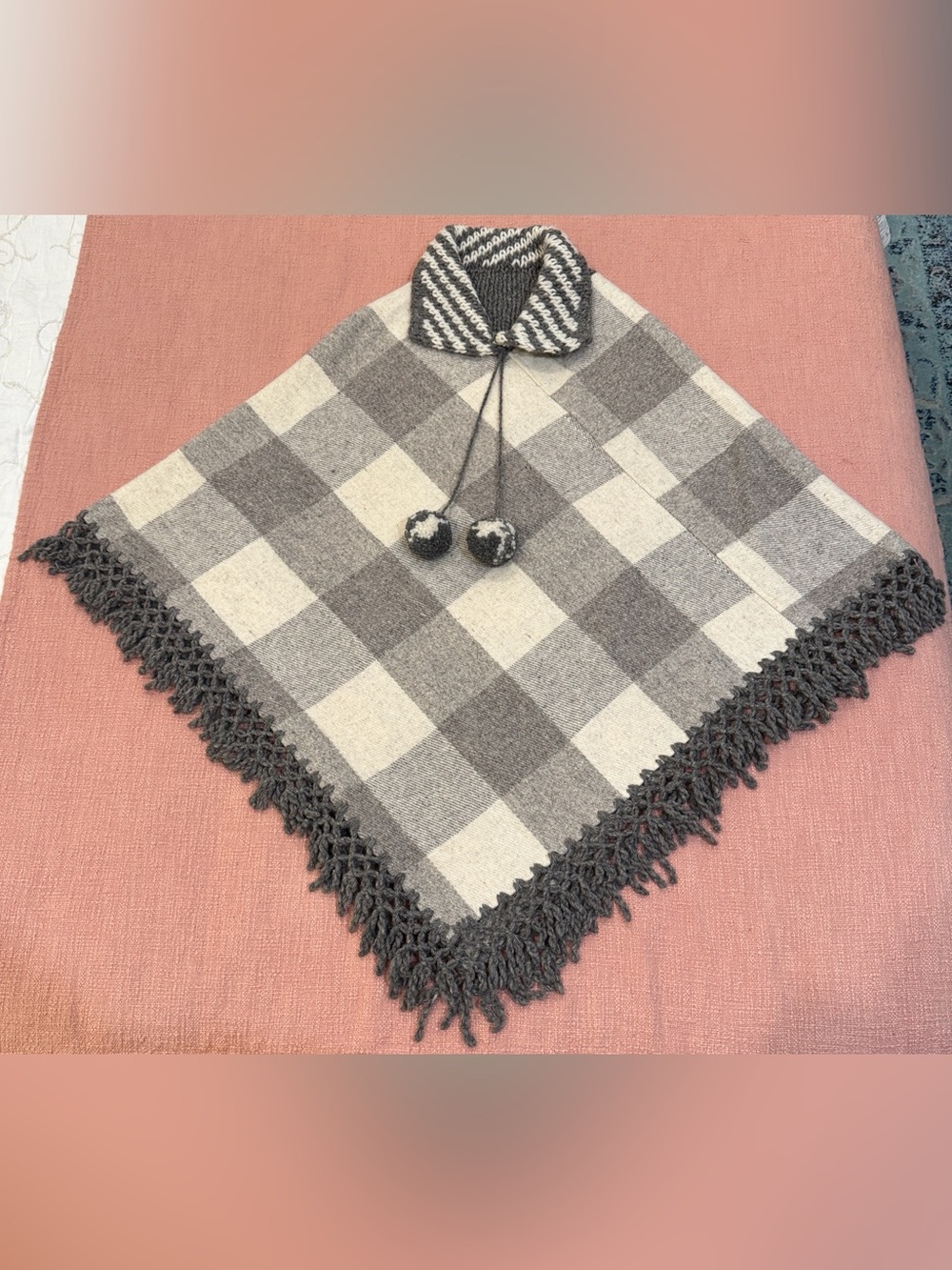 Wool poncho with Pom Poms and knit collar - Gray & Cream Checkered Fringe